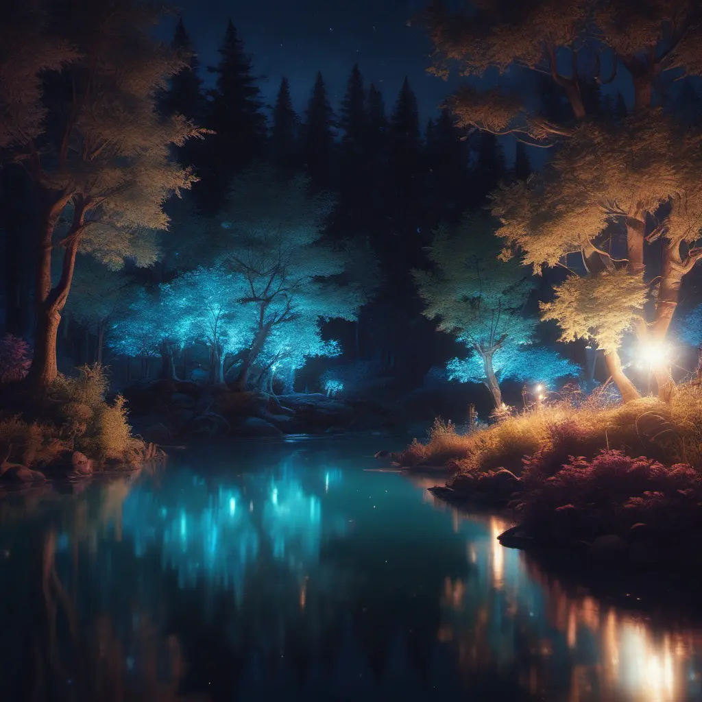 A magical pond in a fantasy forest with glowing blue trees at night, 4k, HQ, Intricate, Artstation, Cinematic Lighting, Photo Realistic, Sharp Focus, Unreal Engine, Dark