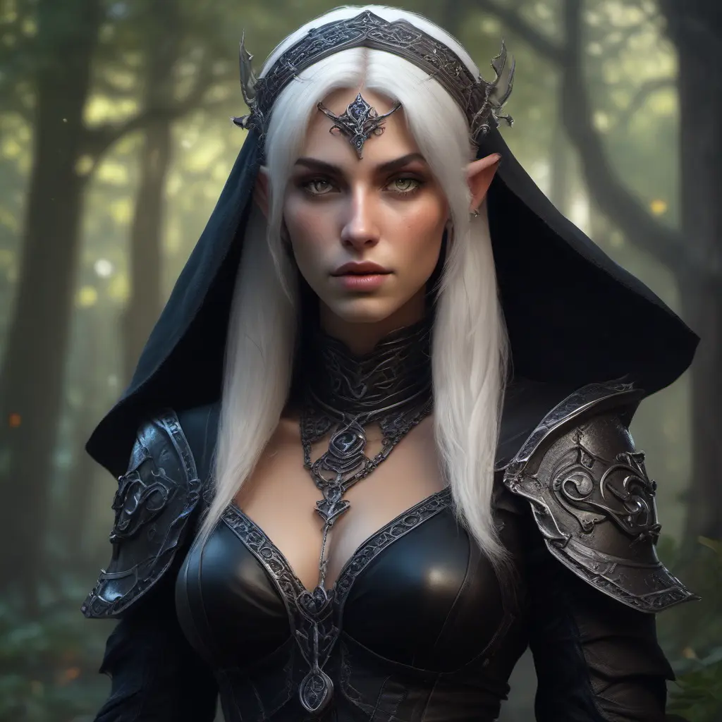 Dungeons and dragons forest elf character full body portrait, white skin, dark gothic black armor, wearing a black veil, dramatic light, dungeon background, 8k, Gothic and Fantasy, Elden Ring, Photo Realistic, Dynamic Lighting by Stanley Artgerm Lau, Greg Rutkowski