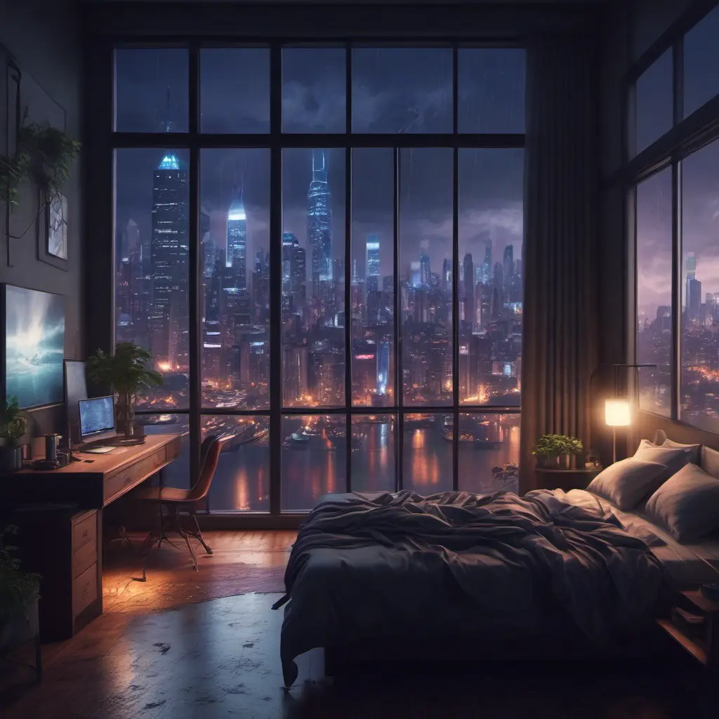 Beautiful cozy bedroom with floor to ceiling glass windows overlooking a cyberpunk city at night, thunderstorm outside with torrential rain, High Resolution, Highly Detailed, Darkwave, Gloomy by Stefan Kostic