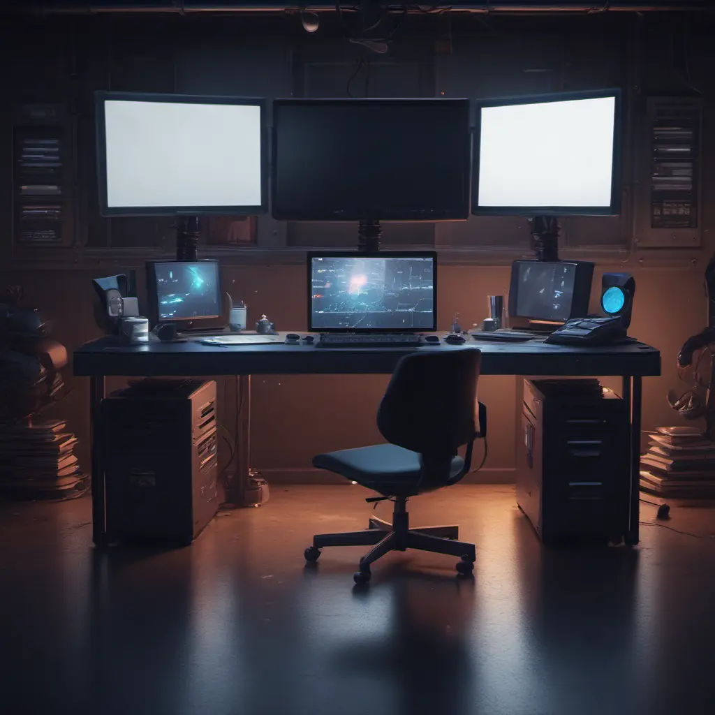 A dark industrial desk from the future with many monitors, Photo Realistic, Volumetric light effect, Octane Render, Unreal Engine, Ambient Occlusion, Maximalism, Industrial by Beeple