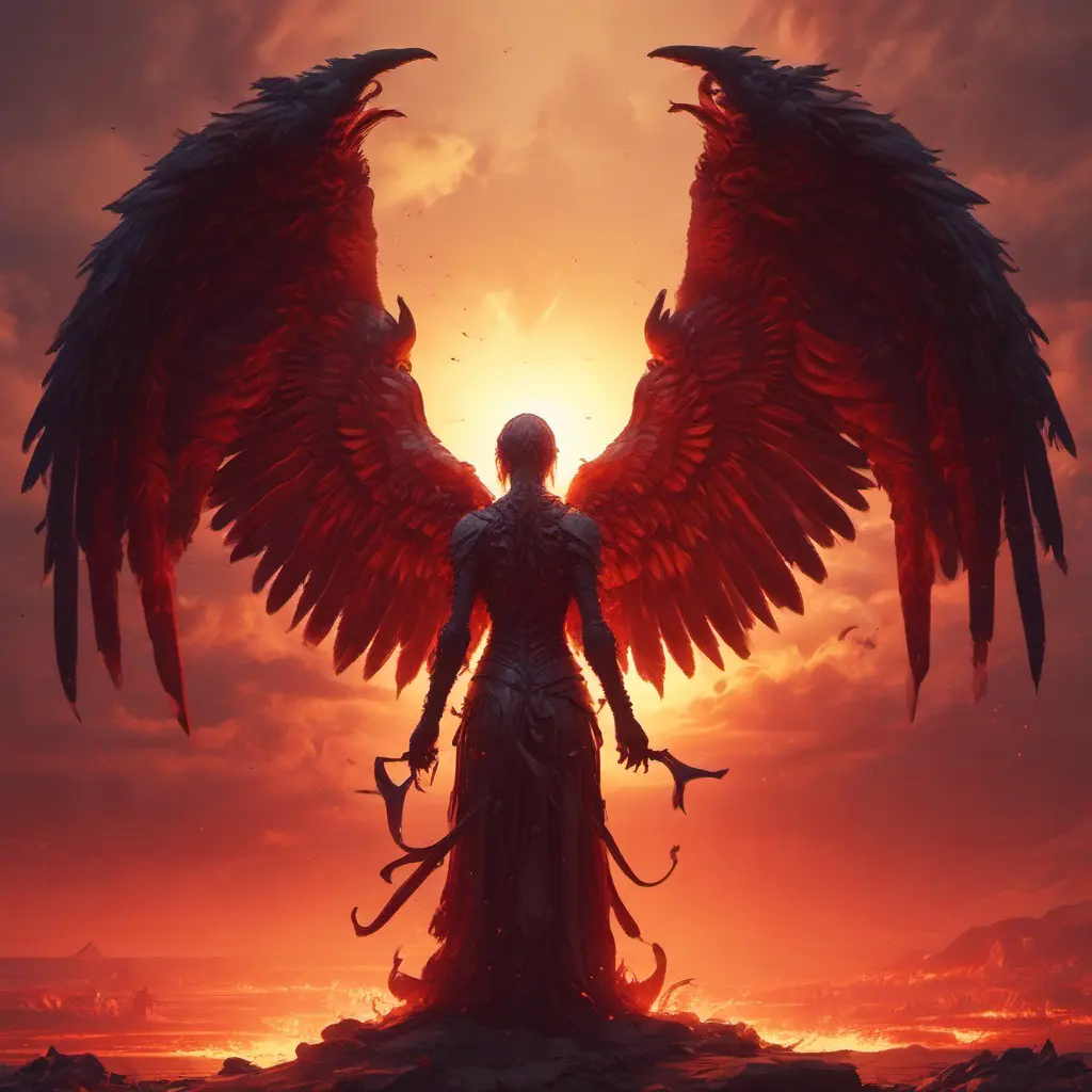 An angel with wings made of fire on a bloody battlefield with a bloodred sunset, 8k, Highly Detailed, Stunning, Volumetric Lighting, Fantasy, Dark by Greg Rutkowski