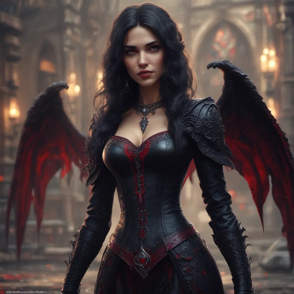 A beautiful romanian vampire woman with penetrating red bright eyes, long fangs, perfect face, 8k, Hyper Detailed, Intricate Details, Masterpiece, Contemporary, Full Body, Trending on Artstation, Gothic, Deviantart, Concept Art by Stefan Kostic