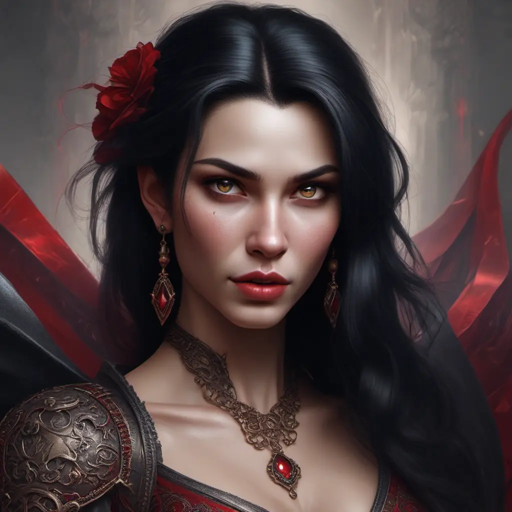 A beautiful romanian vampire woman with penetrating red bright eyes, long fangs, perfect face, 8k, Hyper Detailed, Intricate Details, Masterpiece, Contemporary, Full Body, Trending on Artstation, Gothic, Deviantart, Concept Art by Stanley Artgerm Lau