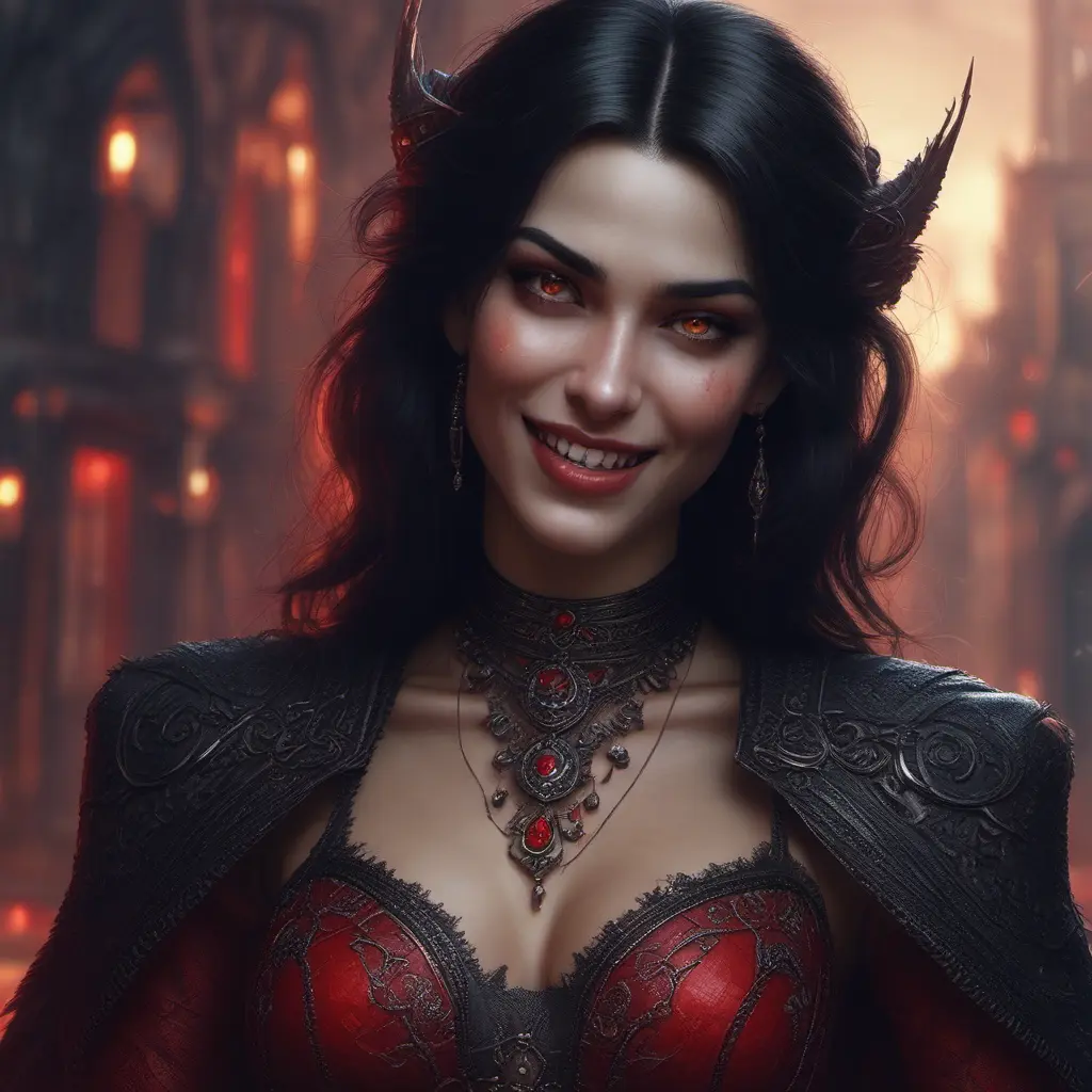 A beautiful romanian vampire woman with penetrating red bright eyes, long fangs, perfect face, 8k, Hyper Detailed, Intricate Details, Masterpiece, Contemporary, Full Body, Trending on Artstation, Gothic, Deviantart, Concept Art by Stefan Kostic