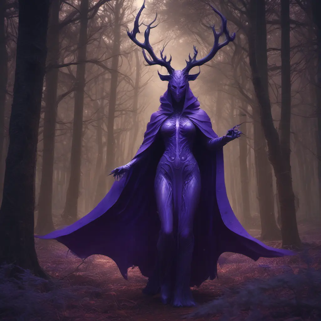 A mysterious witch cloaked with antlers in purple chaos energy, in a dark forest of salix trees, 8k, High Definition, Highly Detailed, Trending on Artstation, Darkwave, Epic, Isometric, Cinematic Lighting, Smooth, 3D Rendering, Octane Render, Vibrant Colors, Ominous by Stanley Artgerm Lau, Zdzislaw Beksinski, H. R. (Hans Ruedi) Giger