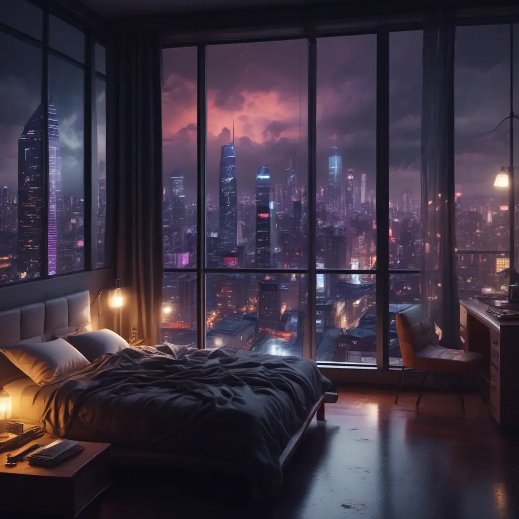 Beautiful cozy bedroom with floor to ceiling glass windows overlooking a cyberpunk city at night, thunderstorm outside with torrential rain, High Resolution, Highly Detailed, Darkwave, Gloomy by Stefan Kostic