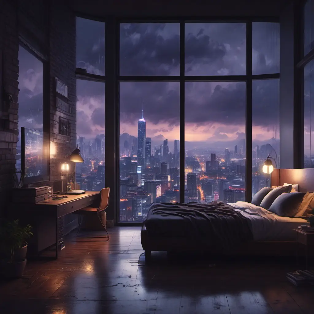 Beautiful cozy bedroom with floor to ceiling glass windows overlooking a cyberpunk city at night, thunderstorm outside with torrential rain, High Resolution, Highly Detailed, Darkwave, Gloomy by Stefan Kostic