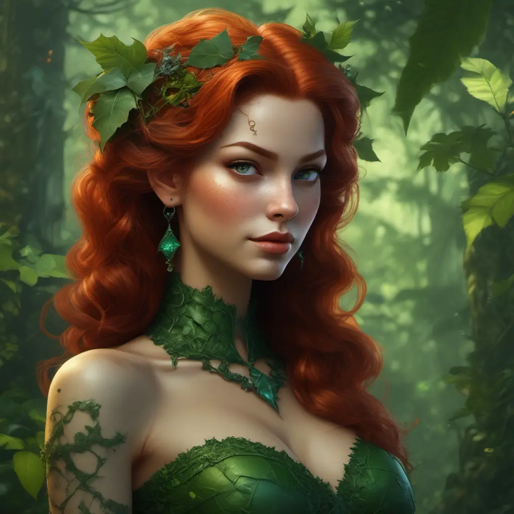 Alluring matte portrait of Poison Ivy in the style of Stefan Kostic, 8k, Highly Detailed, Intricate, Half Body, Matte Painting, Realistic, Sharp Focus, Fantasy by Greg Rutkowski