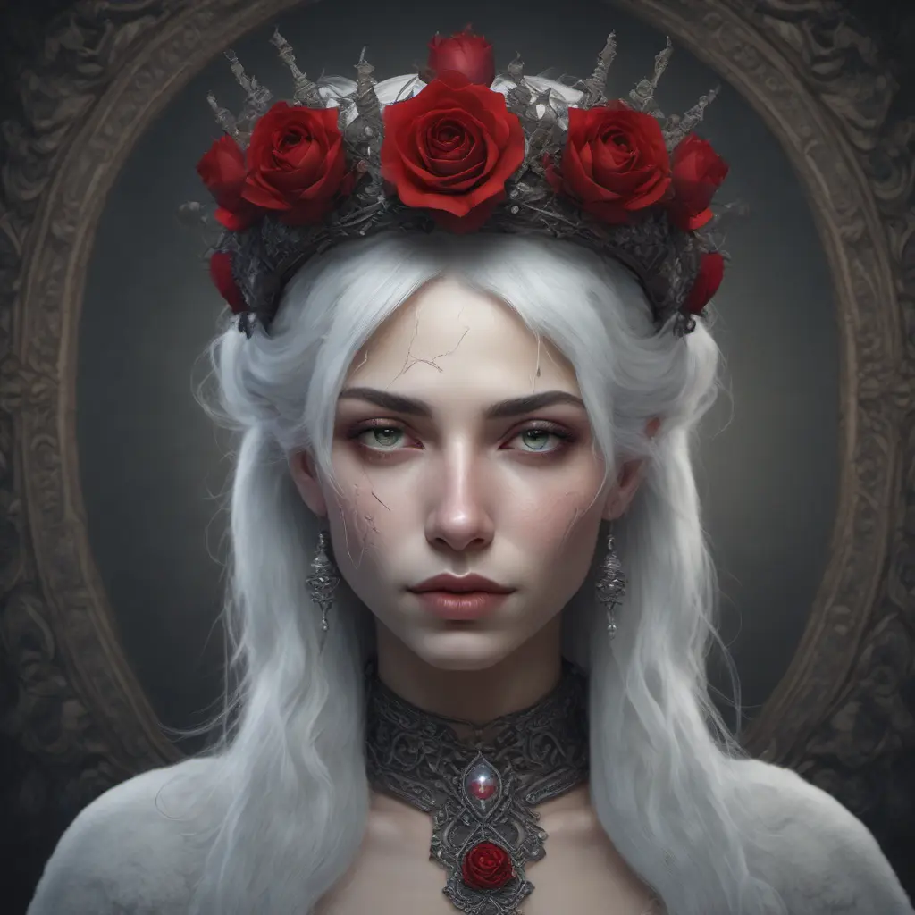 Alluring highly detailed matte portrait of a beautiful white haired vampire with a rose thorn crown in the style of Stefan Kostic, 8k, High Definition, Highly Detailed, Intricate, Half Body, Realistic, Sharp Focus, Fantasy, Elegant