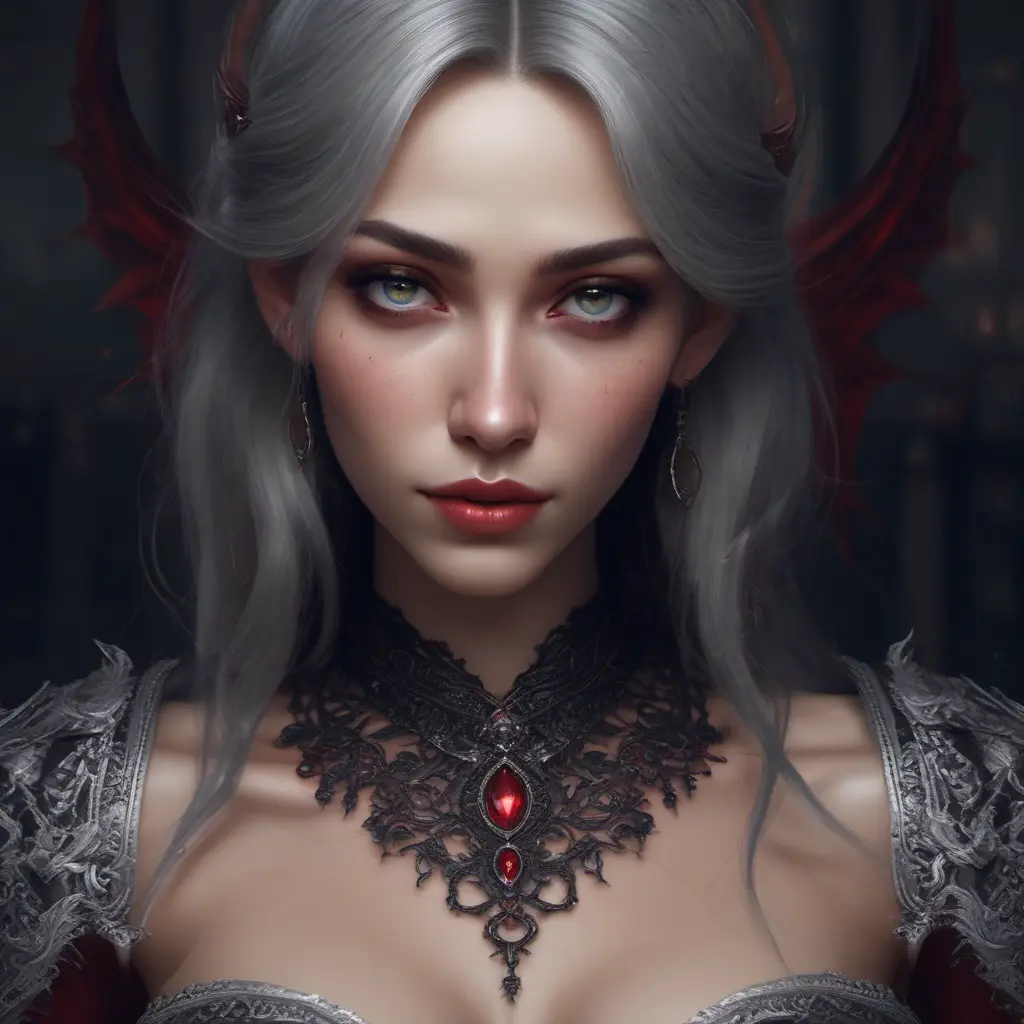 A beautiful romanian vampire woman with penetrating red bright eyes, long fangs, perfect face, 8k, Hyper Detailed, Intricate Details, Masterpiece, Contemporary, Full Body, Trending on Artstation, Gothic, Deviantart, Concept Art by WLOP