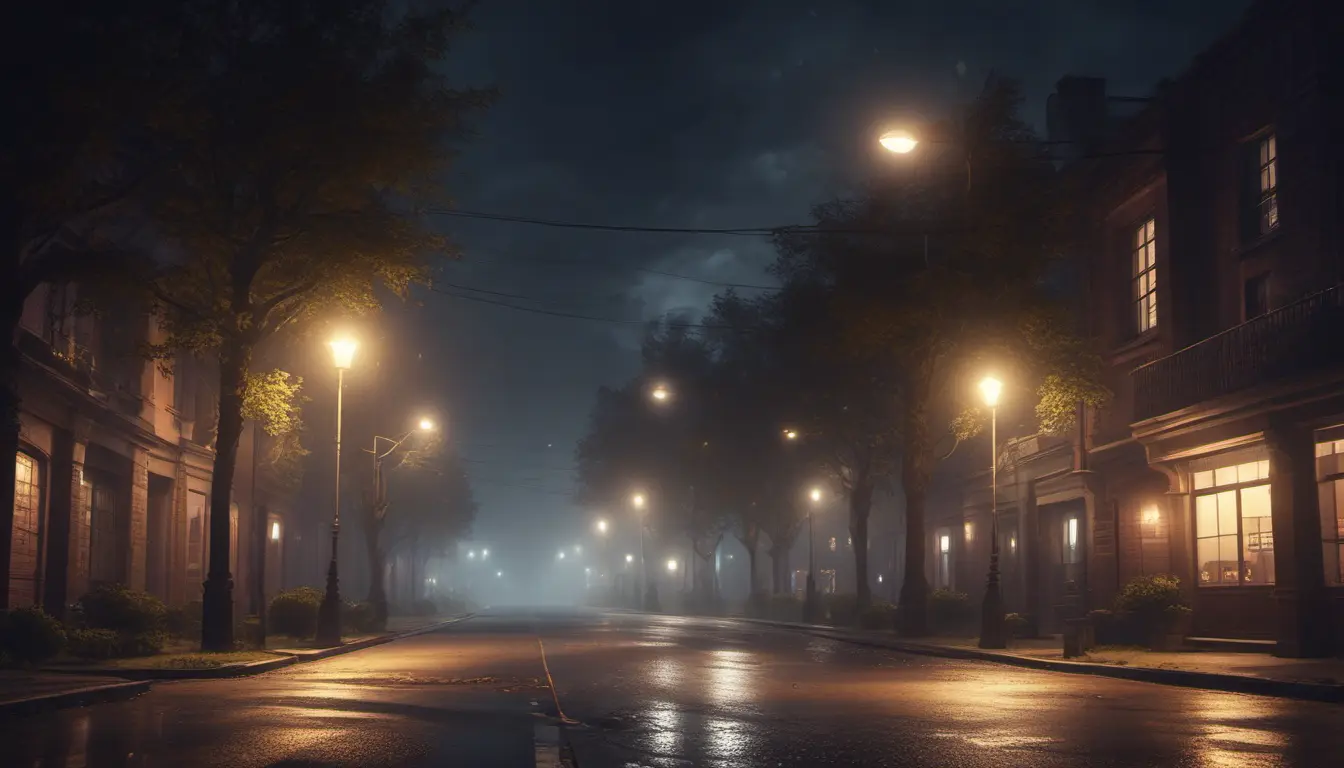 An eerie street at night of a mystical creepy road, cinematic view, 8k, Award-Winning, Highly Detailed, Beautiful, Epic, Octane Render, Unreal Engine, Radiant, Volumetric Lighting by James Gurney, Greg Rutkowski