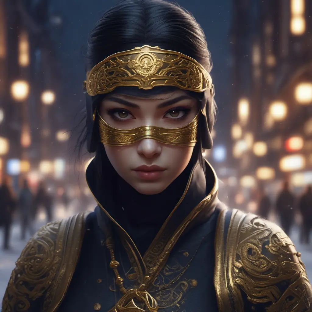 Wallpaper of a mysterious beautiful masked kunoichi ninja wearing eyeliner and gold jewelry in the streets of a dark snowy town in moscow, fluid motion, 8k, Intricate Details, Trending on Artstation, Beautiful, Stunning, Centered by Stanley Artgerm Lau, WLOP