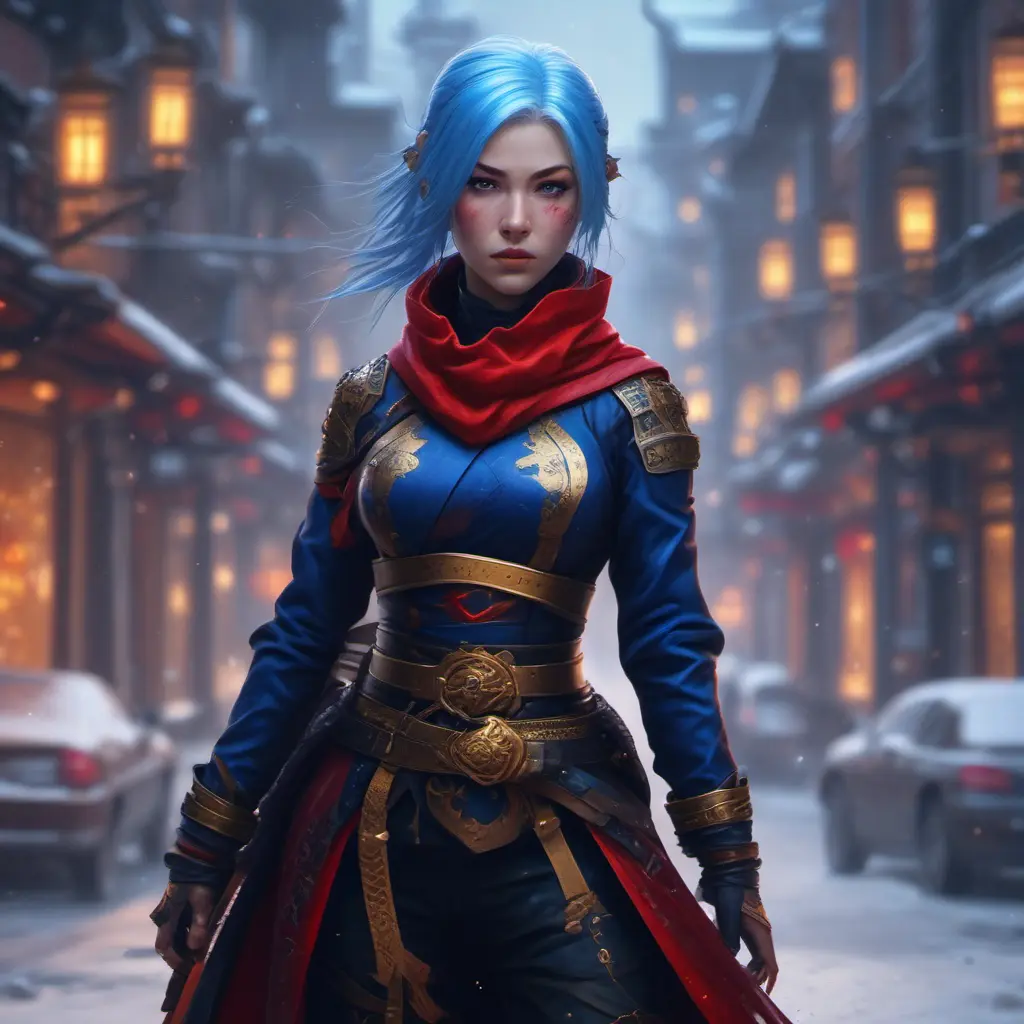 Mysterious beautiful kunoichi ninja wearing black, red and gold in the streets of a dark snowy town in russia, 8k, Intricate Details, Trending on Artstation, Blue Hair by Stanley Artgerm Lau, WLOP