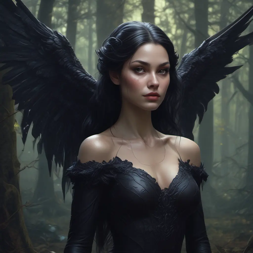 Winged vampiress in a haunted forest, Highly Detailed, Intricate, Gothic, Volumetric Lighting, Fantasy, Dark by Stanley Artgerm Lau