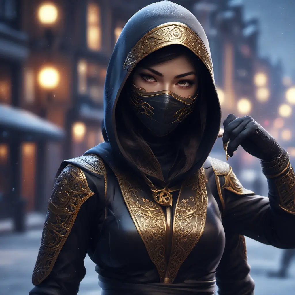 8k wallpaper of a mysterious beautiful masked kunoichi ninja wearing eyeliner and gold jewelry in the streets of a dark snowy town in moscow, fluid motion, 8k, Intricate Details, Trending on Artstation, Beautiful, Stunning by Stanley Artgerm Lau, WLOP