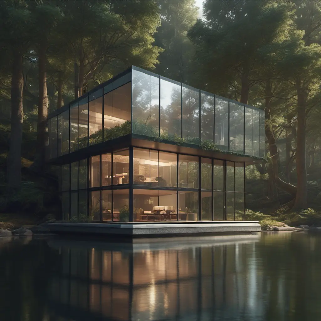 Beautiful futuristic architectural glass house in the forest on a large lake, 8k, Award-Winning, Highly Detailed, Beautiful, Epic, Octane Render, Unreal Engine, Radiant, Volumetric Lighting by Greg Rutkowski