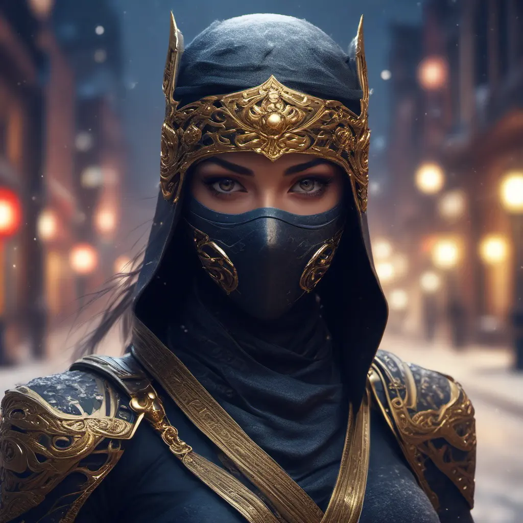 Wallpaper of a mysterious beautiful masked kunoichi ninja wearing eyeliner and gold jewelry in the streets of a dark snowy town in moscow, fluid motion, 8k, Intricate Details, Trending on Artstation, Beautiful, Stunning, Centered by Stanley Artgerm Lau, WLOP