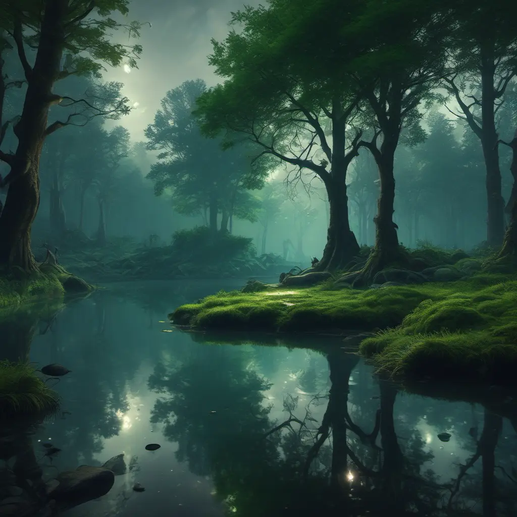 A magical pond in a fantasy forest with glowing green trees at night, 4k, HQ, Intricate, Artstation, Cinematic Lighting, Photo Realistic, Sharp Focus, Unreal Engine, Dark