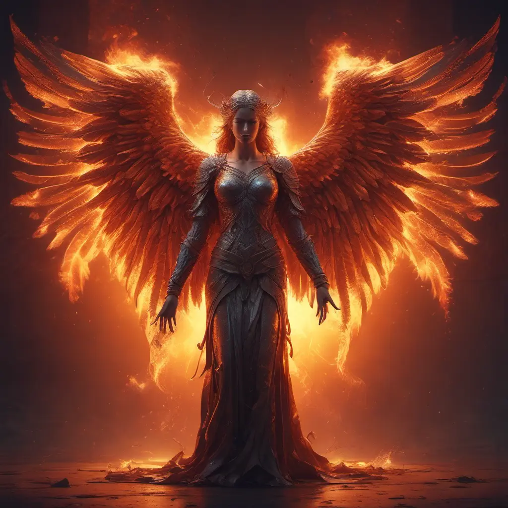 Angel with wings made of Fire, 8k, Stunning, Volumetric Lighting, Concept Art by Stefan Kostic