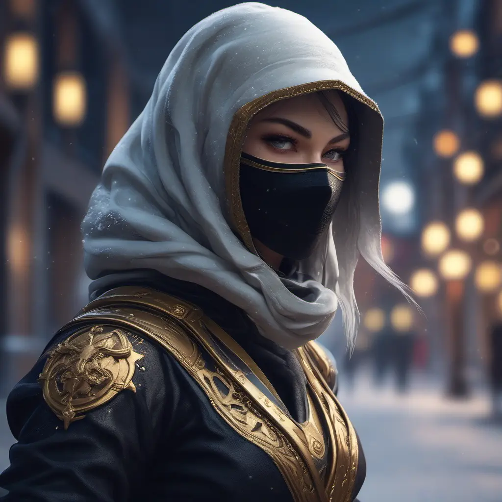 Wallpaper of a mysterious beautiful masked kunoichi ninja wearing eyeliner and gold jewelry in the streets of a dark snowy town in moscow, fluid motion, 8k, Intricate Details, Trending on Artstation, Beautiful, Stunning, Centered by Stanley Artgerm Lau, WLOP