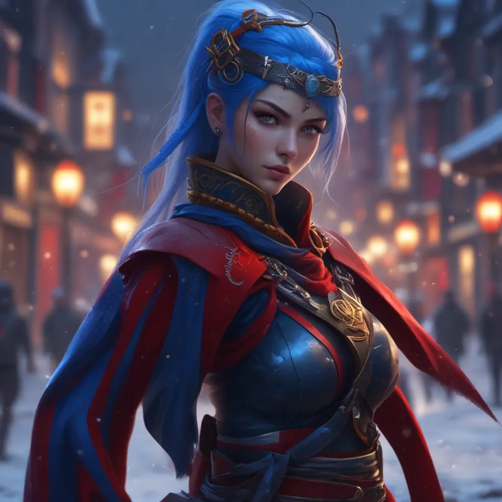 Mysterious beautiful kunoichi ninja with blue hair wearing black, red, and gold jewelry in the streets of a dark snowy town in russia, 8k, Intricate Details, Trending on Artstation, Red Hair by Stanley Artgerm Lau, WLOP