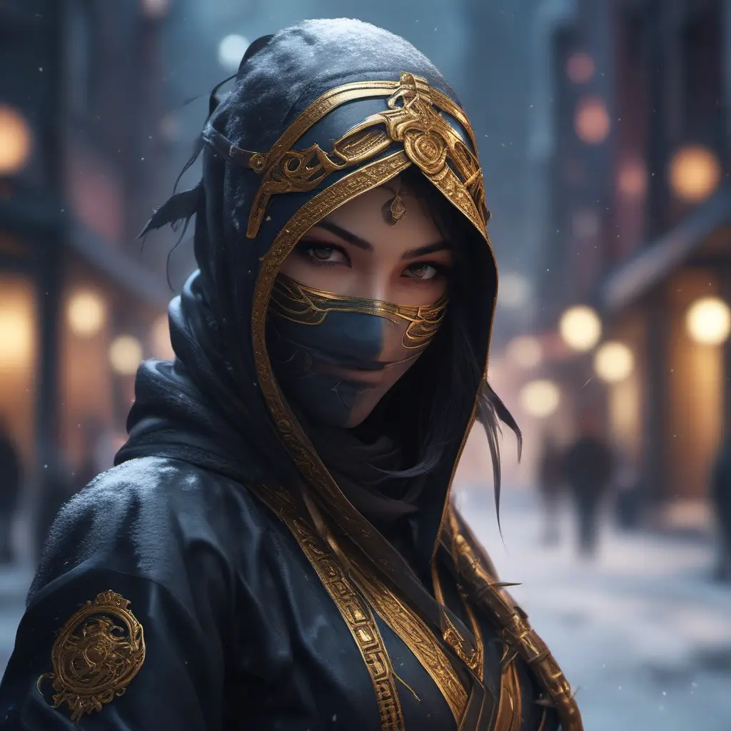 8k wallpaper of a mysterious beautiful masked kunoichi ninja wearing eyeliner and gold jewelry in the streets of a dark snowy town in moscow, fluid motion, 8k, Intricate Details, Trending on Artstation, Beautiful, Stunning by Stanley Artgerm Lau, WLOP