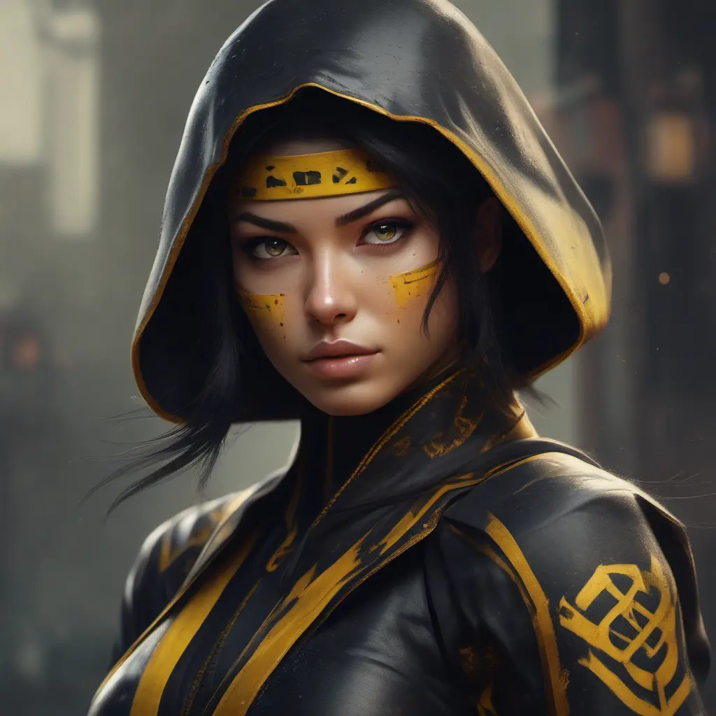 Matte portrait of a beautiful Kunoichi Ninja in black and yellow, 8k, Highly Detailed, Intricate, Realistic, Sharp Focus, Volumetric Lighting, Fantasy, Elegant by Stanley Artgerm Lau, WLOP, Stefan Kostic