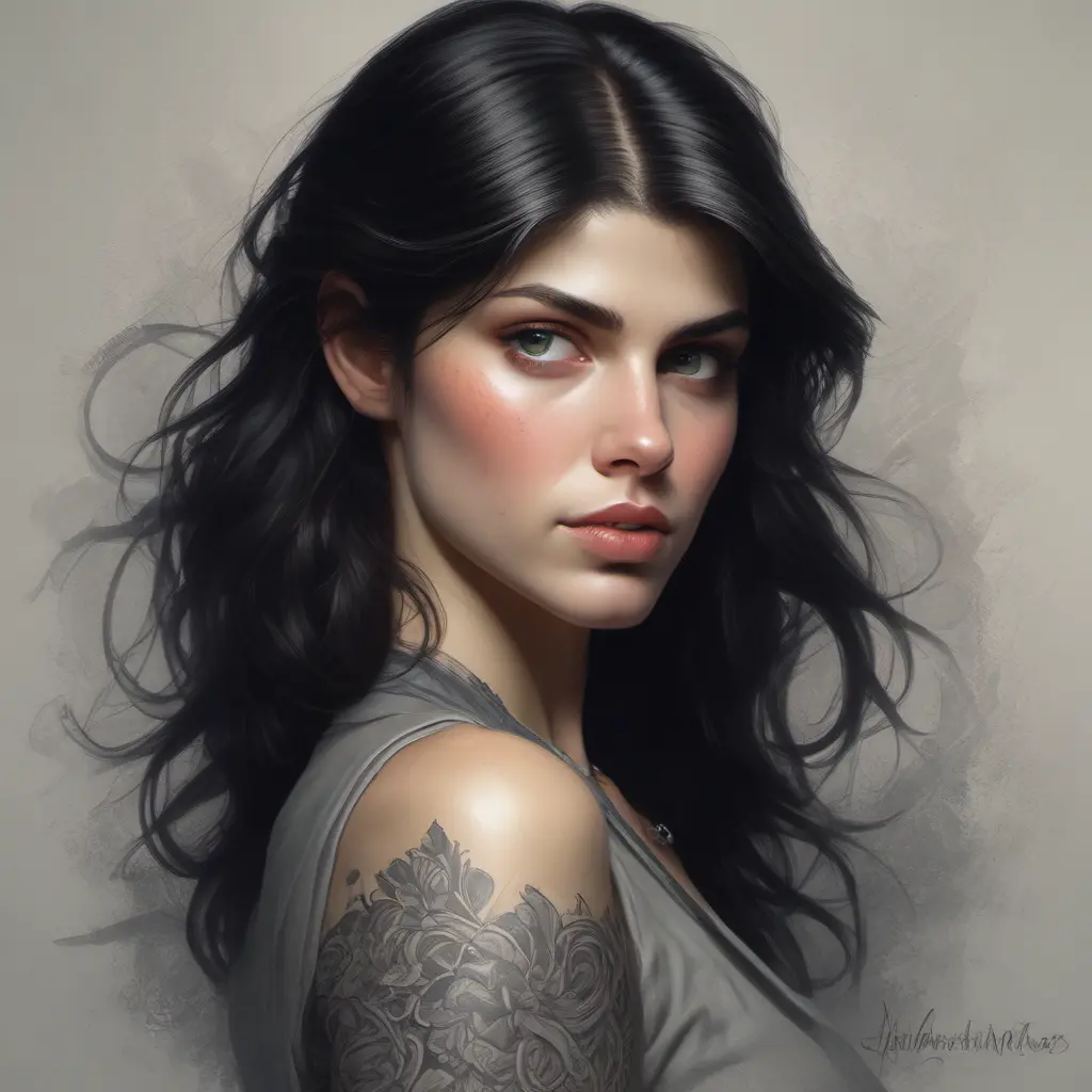 Matte portrait of Alexandra Daddario with tattoos, 8k, Highly Detailed, Powerful, Alluring, Artstation, Magical, Digital Painting, Photo Realistic, Sharp Focus, Volumetric Lighting, Concept Art by Stanley Artgerm Lau, Alphonse Mucha, Greg Rutkowski