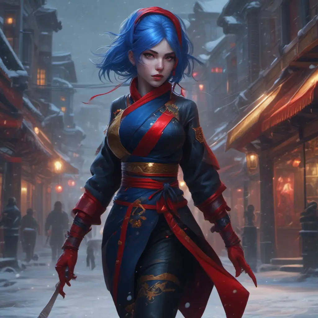 Mysterious beautiful kunoichi ninja wearing black, red and gold in the streets of a dark snowy town in russia, 8k, Intricate Details, Trending on Artstation, Blue Hair by Stanley Artgerm Lau, WLOP