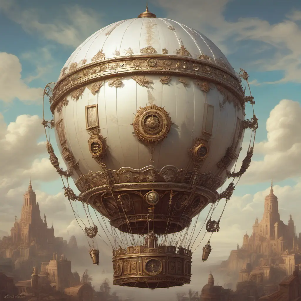 White steampunk hot air balloon with gears, Victorian style Ancient buildings, archeological ruins of lost civilizations and technology, Steampunk, Iridescence by Greg Rutkowski