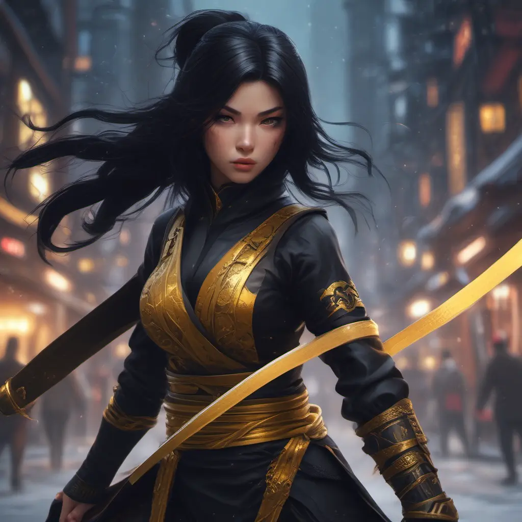 Mysterious beautiful armed kunoichi ninja wearing black and gold in the streets of dark snowy tokyo, 8k, Intricate Details, Trending on Artstation, Beautiful, Stunning, Centered by Stanley Artgerm Lau, WLOP