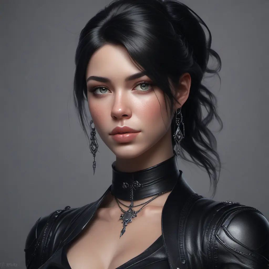 Alluring matte portrait of a beautiful A2 wearing black leather, 8k, Highly Detailed, Intricate, Half Body, Realistic, Sharp Focus, Volumetric Lighting, Fantasy, Elegant by Stanley Artgerm Lau, WLOP