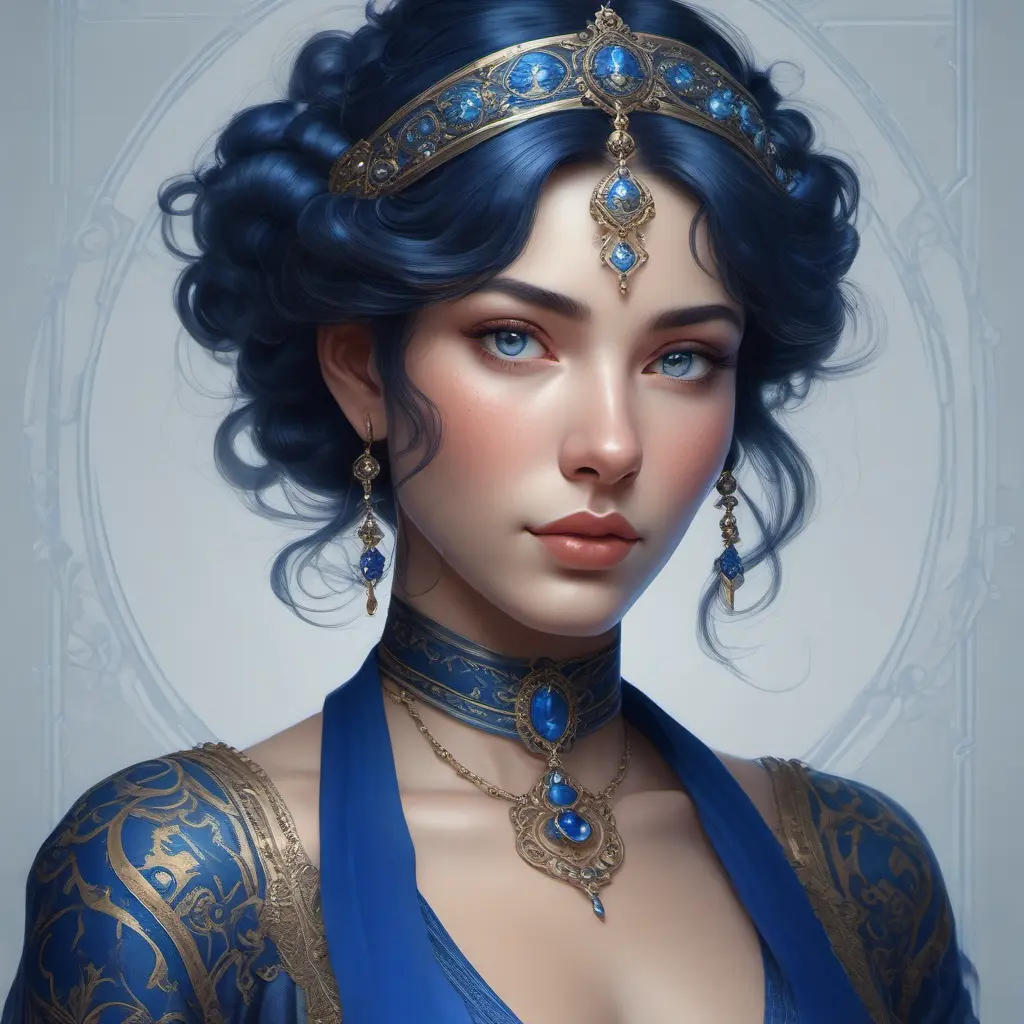 Alluring matte portrait of a beautiful A2 in dark blue, 8k, Highly Detailed, Intricate, Half Body, Realistic, Sharp Focus, Volumetric Lighting, Fantasy, Elegant by Stanley Artgerm Lau, Alphonse Mucha, WLOP, Stefan Kostic