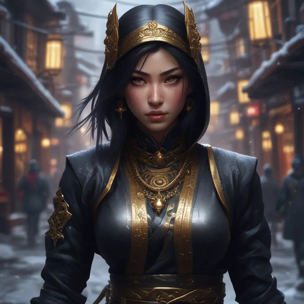 Mysterious beautiful armed kunoichi ninja wearing eyeliner and gold jewelry in the streets of a dark snowy town, 8k, Intricate Details, Trending on Artstation, Beautiful, Stunning, Centered by Stanley Artgerm Lau, WLOP