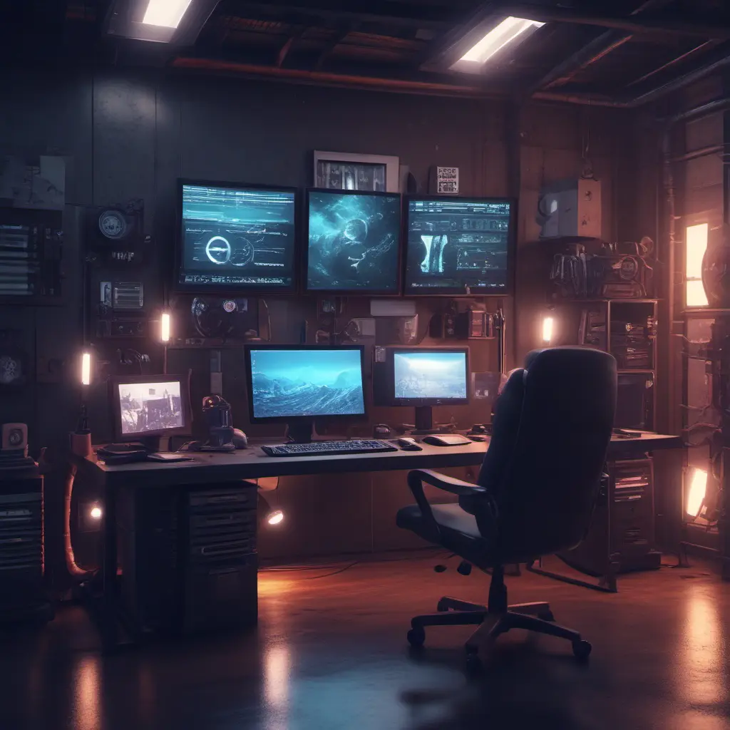 A dark industrial desk from the future with many monitors, Photo Realistic, Volumetric light effect, Octane Render, Unreal Engine, Ambient Occlusion, Maximalism, Industrial by Beeple