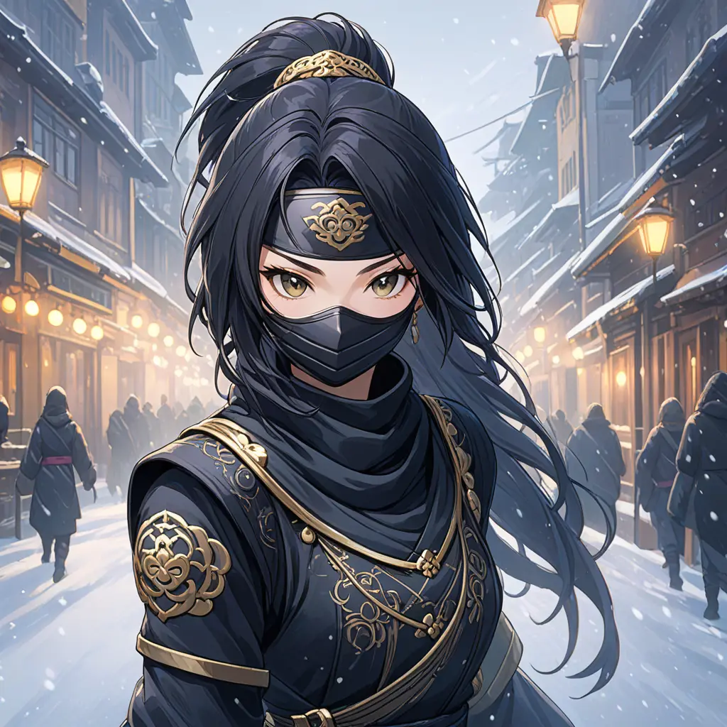 Wallpaper of a mysterious beautiful masked kunoichi ninja wearing eyeliner and gold jewelry in the streets of a dark snowy town in moscow, fluid motion, 8k, Intricate Details, Trending on Artstation, Beautiful, Stunning, Centered by Stanley Artgerm Lau, WLOP