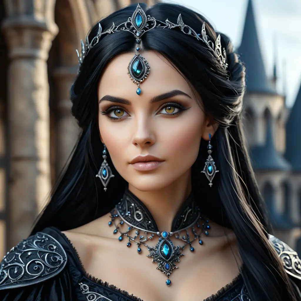 Alluring portrait of a beautiful gothic black haired sorceress in the style of Stefan Kostic, 8k, High Definition, Highly Detailed, Intricate, Half Body, Realistic, Sharp Focus, Fantasy, Elegant