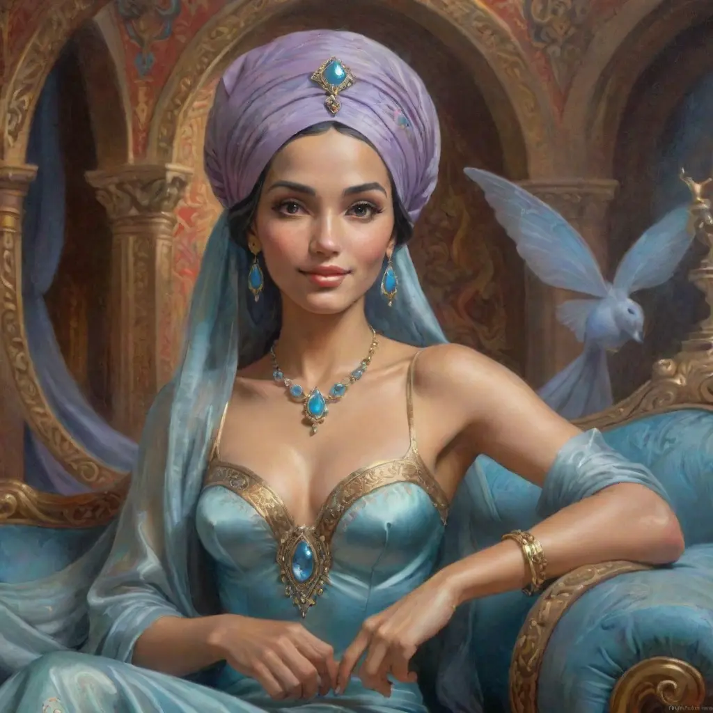 Fashion Illustration Style, A Woman in a headscarf Sitting on a sofa on a fairy-tale Background, Smiling like a Fairy Queen, Princess Jasmine, Photorealistic Disney, Disney Photos are Realistic, Princess Portrait, Disney-style Art, Beautiful Genie Girl, Disney Rendering, Disney Animation Style, Isabella Moner, Ivan Talavera Style and Artgerm, portrait of the Disney Veta, 8k, Highly Detailed, Intricate, Realistic, Sharp Focus, Volumetric Lighting, Fantasy, Elegant by Stanley Artgerm Lau, Alphonse Mucha, WLOP, Stefan Kostic