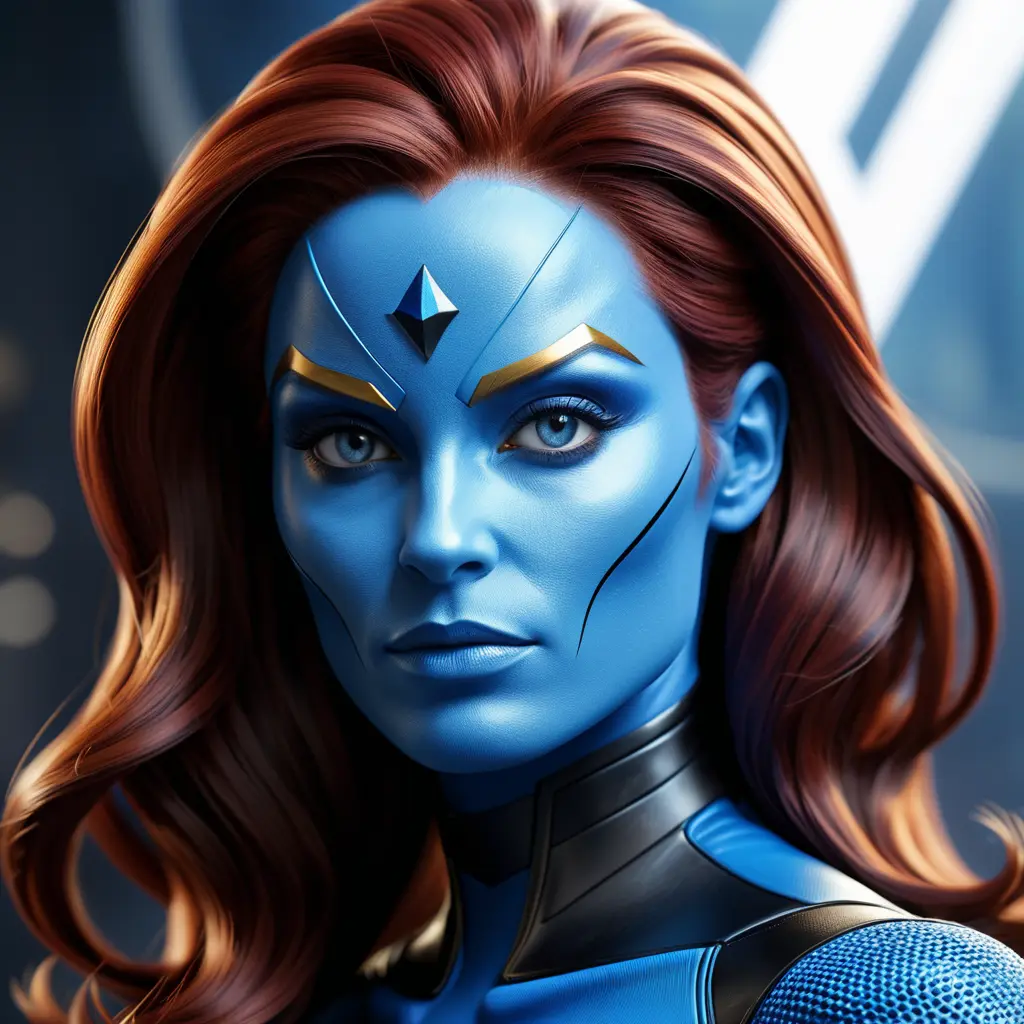 Alluring matte portrait of a beautiful Mystique from Xmen in the style of Stefan Kostic, 8k, Highly Detailed, Intricate, Half Body, Realistic, Sharp Focus, Volumetric Lighting, Fantasy, Elegant by Stanley Artgerm Lau, Greg Rutkowski