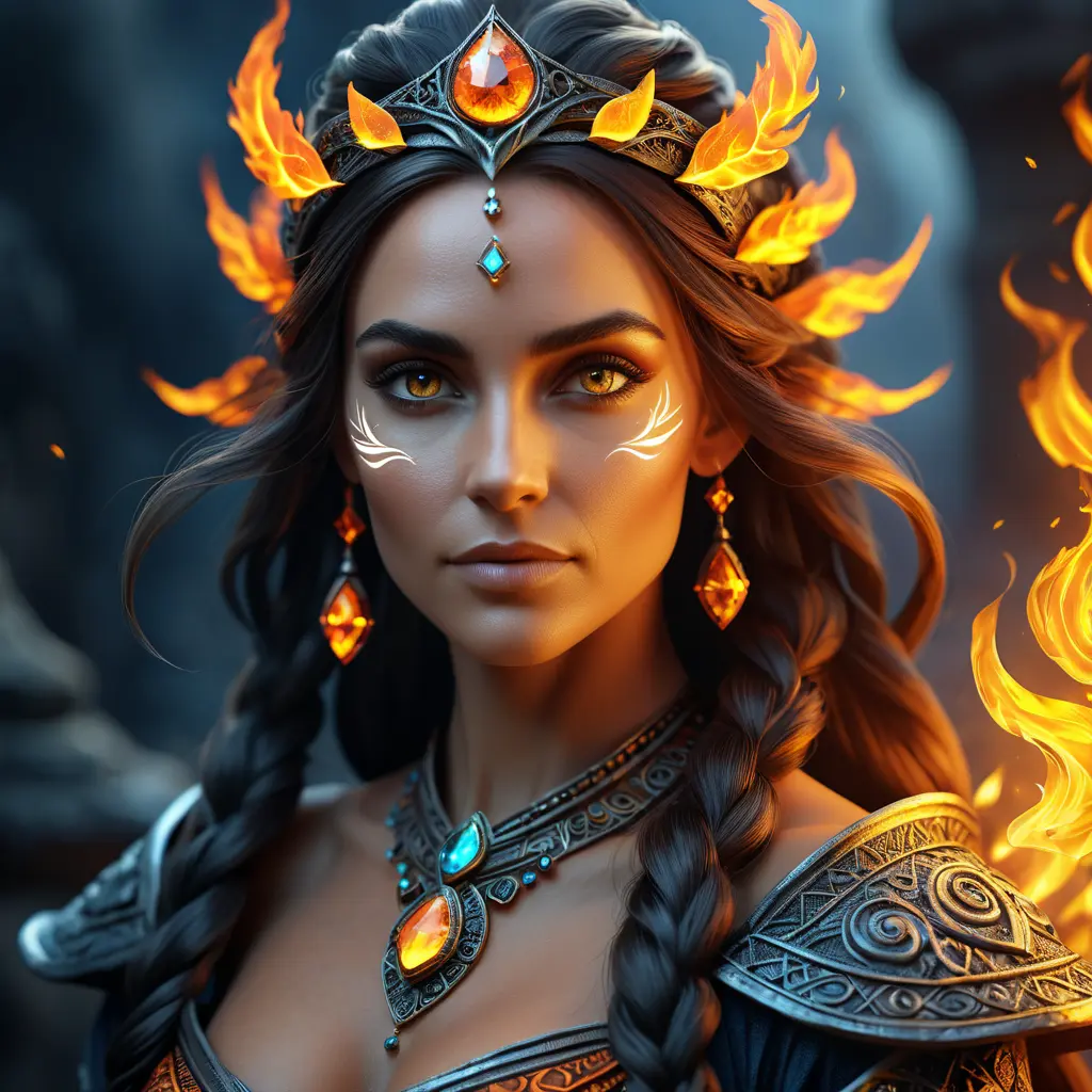 Alluring highly detailed matte portrait of a beautiful fire sorceress in the style of Stefan Kostic, 8k, High Definition, Highly Detailed, Intricate, Half Body, Realistic, Sharp Focus, Fantasy, Elegant