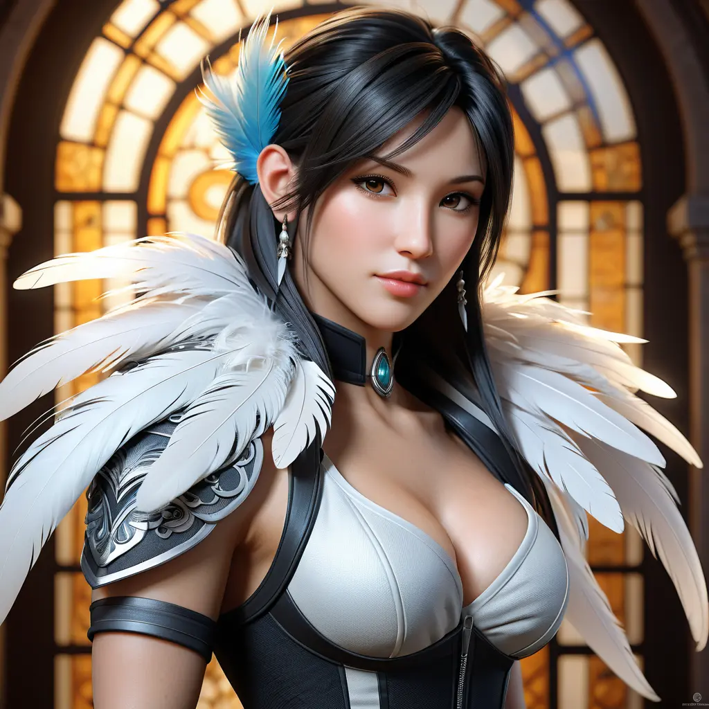 Alluring matte portrait of a beautiful Tifa Lockhart wearing feathers, 8k, Highly Detailed, Intricate, Half Body, Realistic, Sharp Focus, Volumetric Lighting, Fantasy, Elegant by Stanley Artgerm Lau, Alphonse Mucha, WLOP