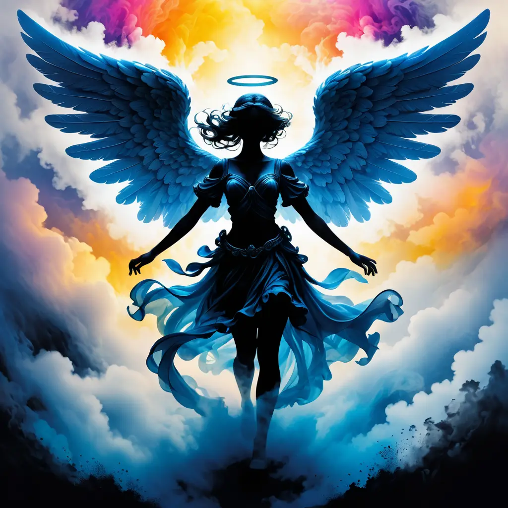 Silhouette of an Angel emerging from the fog of war, ink splash, Highly Detailed, Vibrant Colors, Ink Art, Fantasy, Dark by Stanley Artgerm Lau