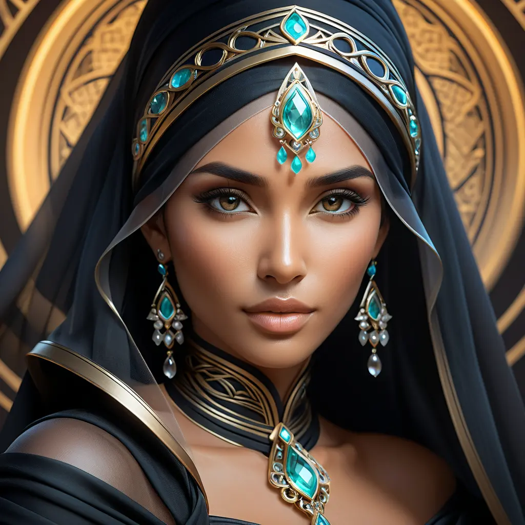 Alluring matte portrait of a beautiful veiled Nidalee wearing a black veil, 8k, Highly Detailed, Intricate, Half Body, Realistic, Sharp Focus, Volumetric Lighting, Fantasy, Elegant by Stanley Artgerm Lau, Alphonse Mucha, WLOP