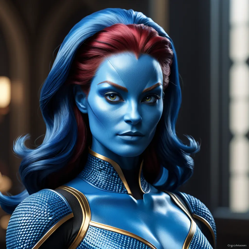 Alluring matte portrait of a beautiful Mystique from Xmen in the style of Stefan Kostic, 8k, Highly Detailed, Intricate, Half Body, Realistic, Sharp Focus, Volumetric Lighting, Fantasy, Elegant by Stanley Artgerm Lau, Greg Rutkowski