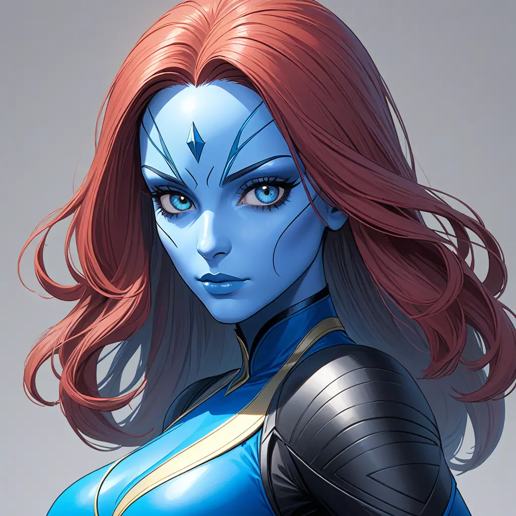 Alluring matte portrait of a beautiful Mystique from Xmen in the style of Stefan Kostic, 8k, Highly Detailed, Intricate, Half Body, Realistic, Sharp Focus, Volumetric Lighting, Fantasy, Elegant by Stanley Artgerm Lau, Greg Rutkowski