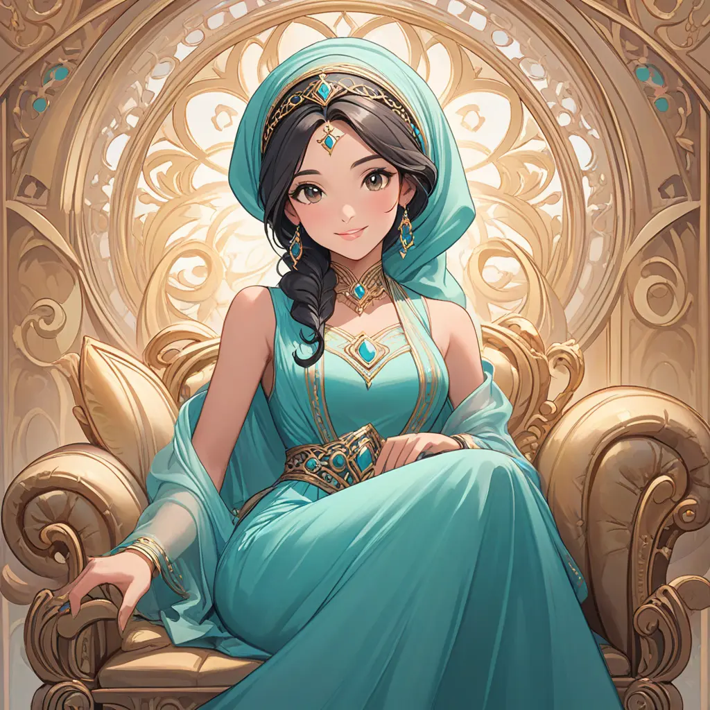 Fashion Illustration Style, A Woman in a headscarf Sitting on a sofa on a fairy-tale Background, Smiling like a Fairy Queen, Princess Jasmine, Photorealistic Disney, Disney Photos are Realistic, Princess Portrait, Disney-style Art, Beautiful Genie Girl, Disney Rendering, Disney Animation Style, Isabella Moner, Ivan Talavera Style and Artgerm, portrait of the Disney Veta, 8k, Highly Detailed, Intricate, Realistic, Sharp Focus, Volumetric Lighting, Fantasy, Elegant by Stanley Artgerm Lau, Alphonse Mucha, WLOP, Stefan Kostic