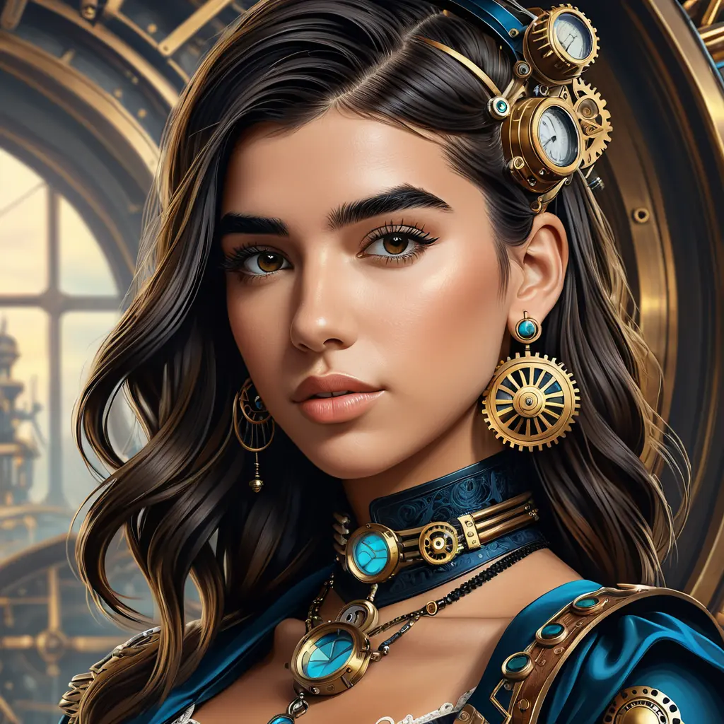 Steampunk portrait of Dua Lipa, Highly Detailed, Intricate, Artstation, Beautiful, Digital Painting, Sharp Focus, Concept Art, Elegant