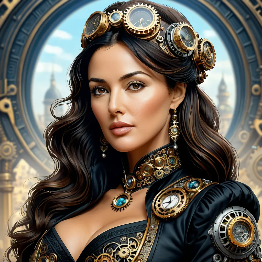 Steampunk portrait of Monica Bellucci, Highly Detailed, Intricate, Artstation, Beautiful, Digital Painting, Sharp Focus, Concept Art, Elegant