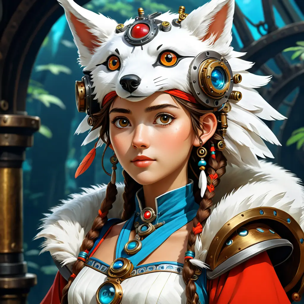 Steampunk portrait of Princess Mononoke, Highly Detailed, Intricate, Artstation, Beautiful, Digital Painting, Sharp Focus, Concept Art, Elegant