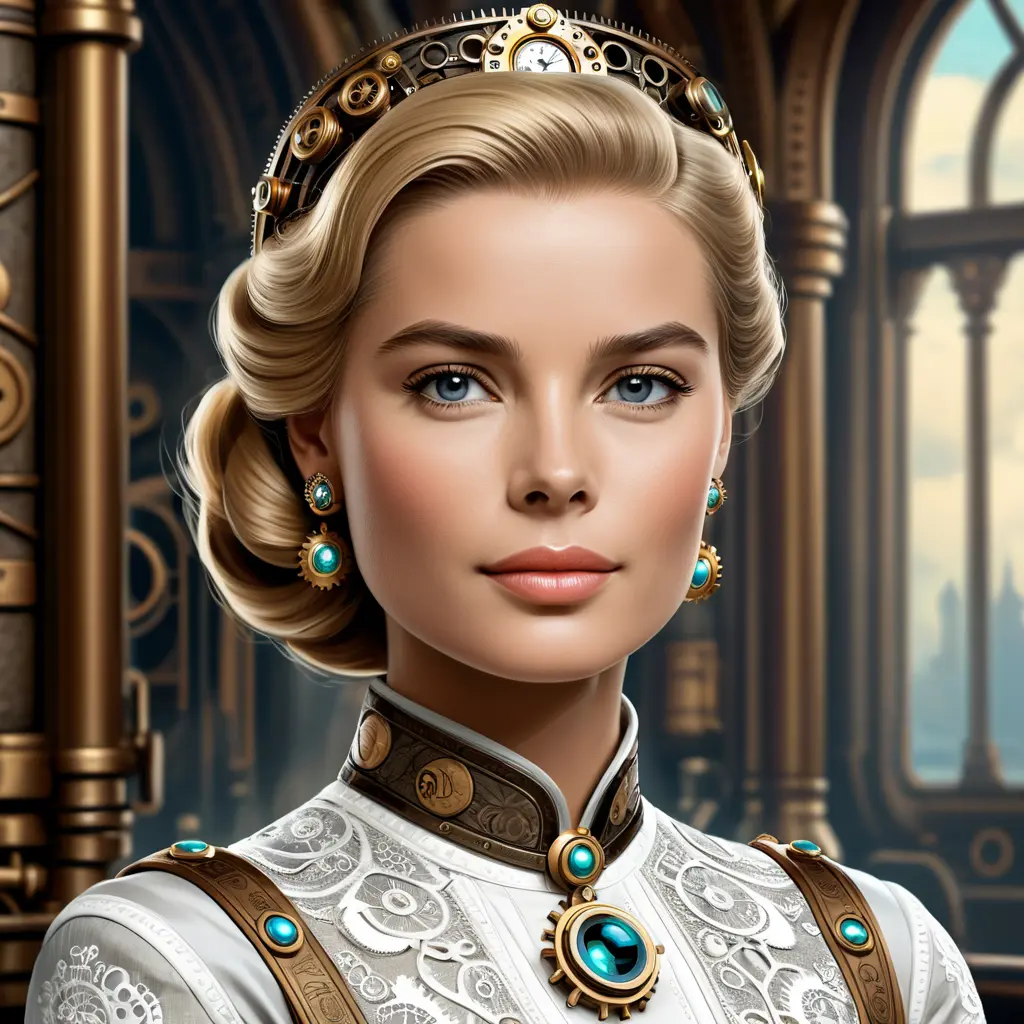 Steampunk portrait of Grace Kelly, Highly Detailed, Intricate, Artstation, Beautiful, Digital Painting, Sharp Focus, Concept Art, Elegant